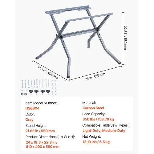 VEVOR Tischkreissägenständer, 158,76 kg Tragkraft, Untergestell 610x490x580 mm, robuste Konstruktion, einfache Lagerung, faltbares Design, universell für die meisten Marken von Tischkreissägen – Bild 6