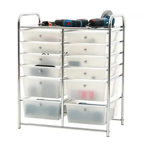 VEVOR Rollwagen mit 12 Schubladen Rollcontainer Doppelreihe 635x395x815mm, Metallgestell, Ablagefläche, Handgriffe, Lenkrolle mit 2 Bremsen, Mobiler Schubladenwagen für Büro Werkstatt Klassenzimmer – Bild 9