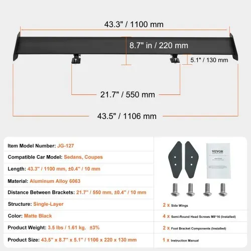 VEVOR GT Wing Autospoiler, 110 cm Universalspoiler mit Einzeldeck, verstellbares leichtes Aluminium, Auto-Heckspoilerflügel, Rennspoiler BGW/JDM Drift Schwarz – Bild 6