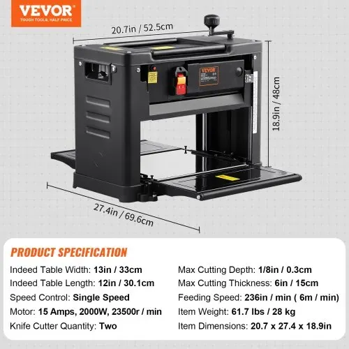 VEVOR Dickenhobel 1,8kW Hobelmaschine 2xHobelmesser Dickenhobelmaschine Max. Schnitttiefe 0,3cm Max. Schnittstärke 15cm Hobel Ideal zur Holzbearbeitung für Tischler Heimwerker und Dekorateure – Bild 6