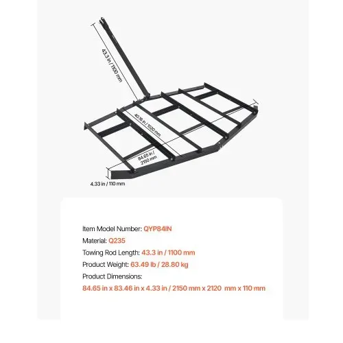 VEVOR Schleppegge, 2150x2120x110mm, Wiesenschleppe zum Hinterherziehen, Q235 Stahl-Einfahrtsplaniergerät mit verstellbaren Stangen & Bolzenkupplung, Traktor-Einfahrtsegge für Geländefahrzeuge, UTVs – Bild 6