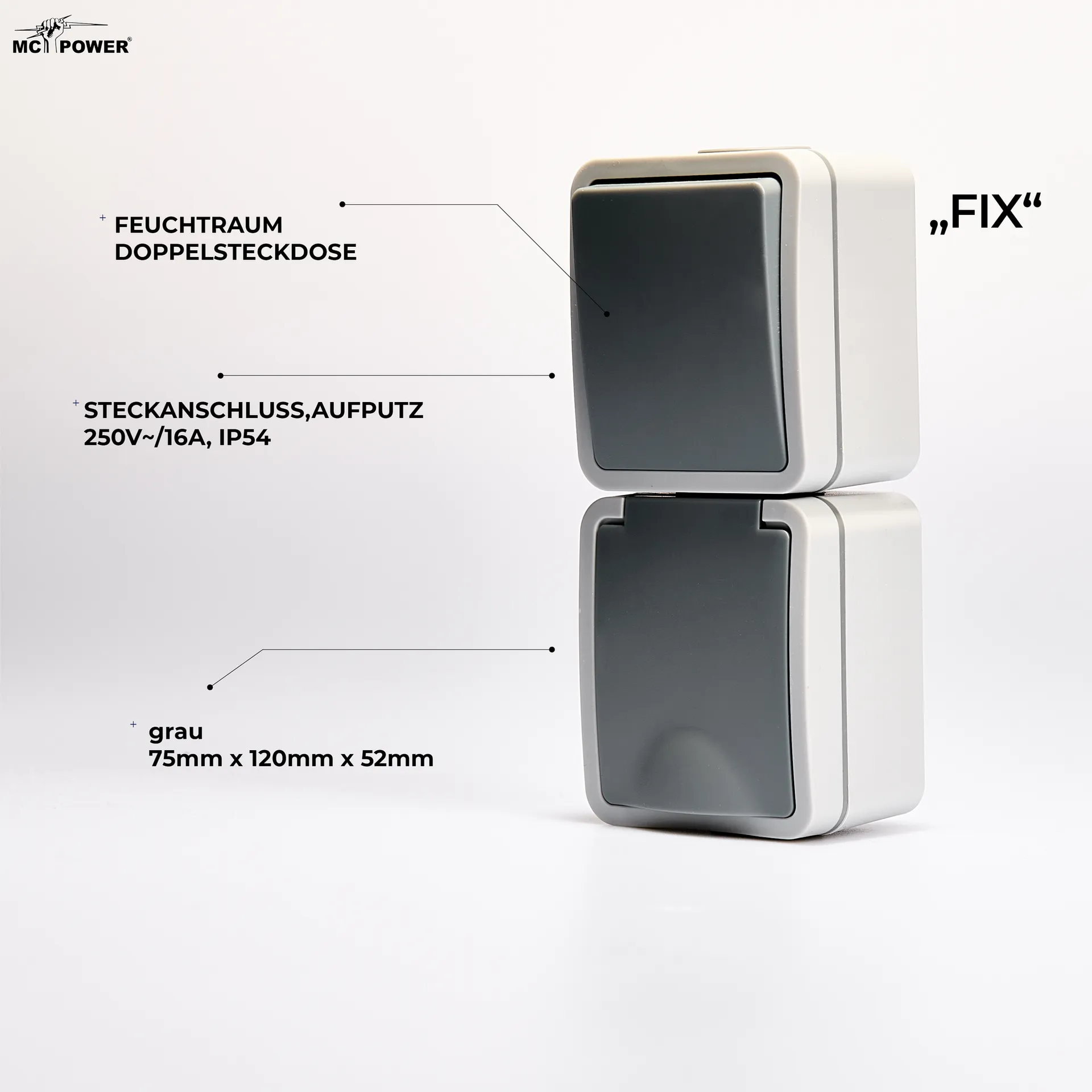 Feuchtraum Kombi-Dose McPower ''Fix'',Schalter+Steckdose,Steckanschluss, 250V~, AP – Bild 4