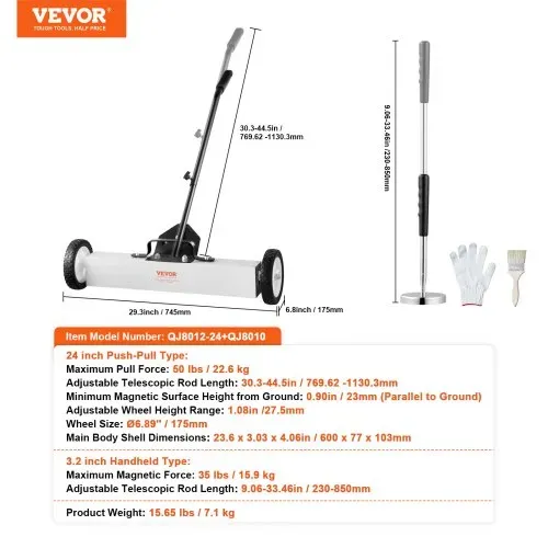 VEVOR 24-Zoll-Magnetkehrmaschine mit Rädern, 50 lbs Kapazität, mit ausziehbarem magnetischem Aufnahmewerkzeug, verstellbarem Griff, magnetischer Aufnahmekehrmaschine zum Aufnehmen von Nägeln und Schrauben, für Werkstatt, Garage, Hof – Bild 6