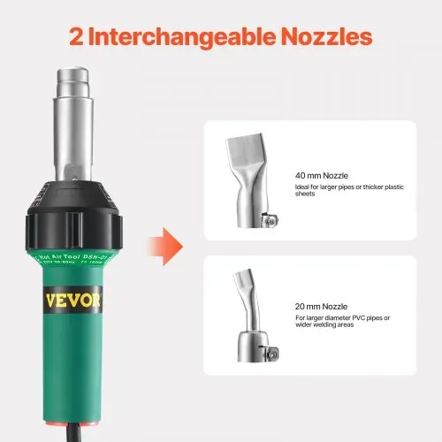 VEVOR Heißluft-Kunststoffschweißgerät, 1600 W Heißluftpistole, 50–600 °C PVC TPO Vinyl Schweißbrenner, 5-teiliges Hot Air Welder Set und 2 Flachdüsen, 1 Nahtrolle, Bürste für PP/PE/PVC-Platten – Bild 2