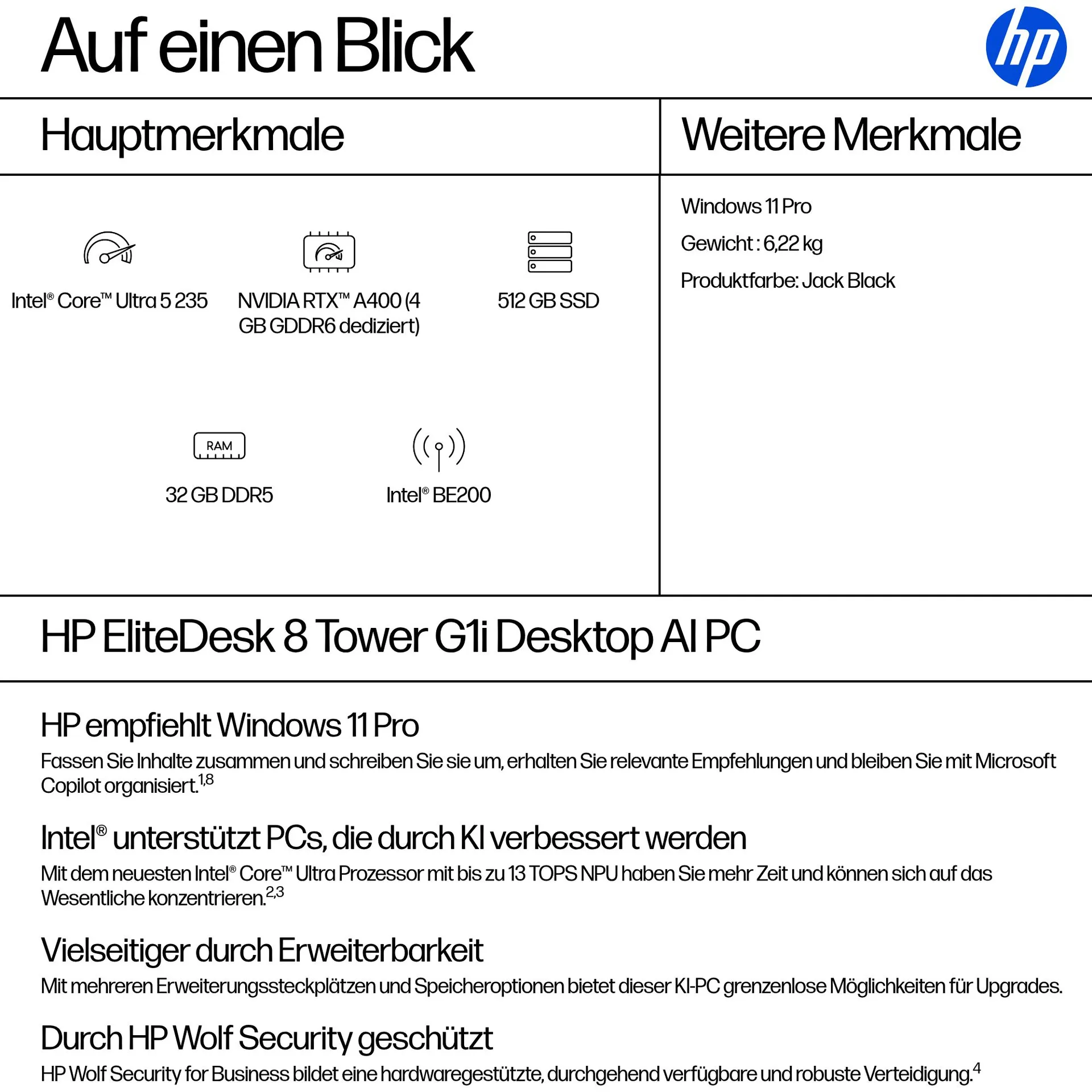 HP EliteDesk 8 Tower G1i AI Intel Core Ultra 5 235 32 GB DDR5-SDRAM 512 GB SSD NVIDIA RTX A400 Windows 11 Pro PC AI PC Schwarz – Bild 3