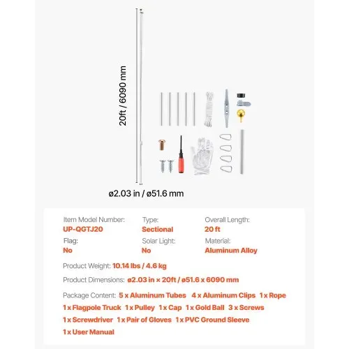 VEVOR Fahnenmast 6 m, Mehrteiliges Flaggenmast-Set für den Außenbereich, Extra Dicke Aluminium-Fahnenstange mit PVC-Bodenhülse, Ideal für Garten, Private & Gewerbliche Nutzung, Silber – Bild 6