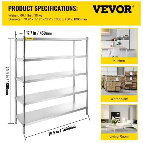 VEVOR Lagerregal, 5-stufiges Lagerregal, Garagenregal aus Edelstahl, 180 x 45 x 180 cm, Robustes Lagerregal, 748 kg Gesamtkapazität mit verstellbarer Höhe, Lagerregale Küchenregale Ladung Regale – Bild 6