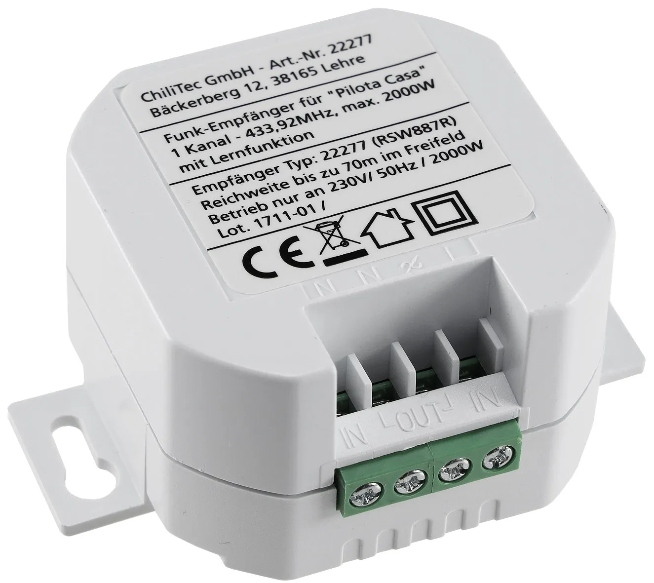 Funk-Empfänger für „Pilota Casa“ 1-Kanal max. 2300W, ERSETZT einen Schalter Funk-Empfänger für „Pilota Casa“ 1-Kanal max. 2300W, ERSETZT einen Schalter