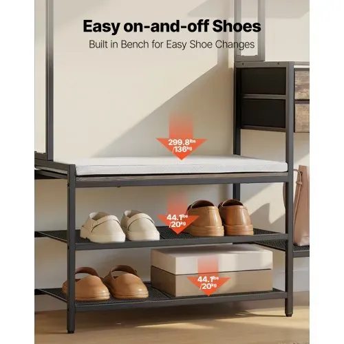 VEVOR Multifunktionale Flurgarderobe (120 x 40 x 180 cm) mit Schuhbank & 2 Schubladen, Garderobenständer mit Bücherablage & Metallgitter, Garderobe mit Stahlrahmen für Eingangsbereich Schlafzimmer – Bild 3