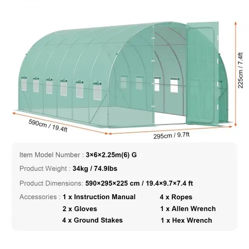VEVOR begehbares Tunnel-Gewächshaus, 6,8 x 2,3 x 2,3 m, Foliengewächshaus-Tunnel, Pflanzen-Gewächshaus mit verzinktem Stahlrahmen, grüner PE-Abdeckung, Schwingtür und 12 Rollfenstern für den Außenbereich – Bild 6