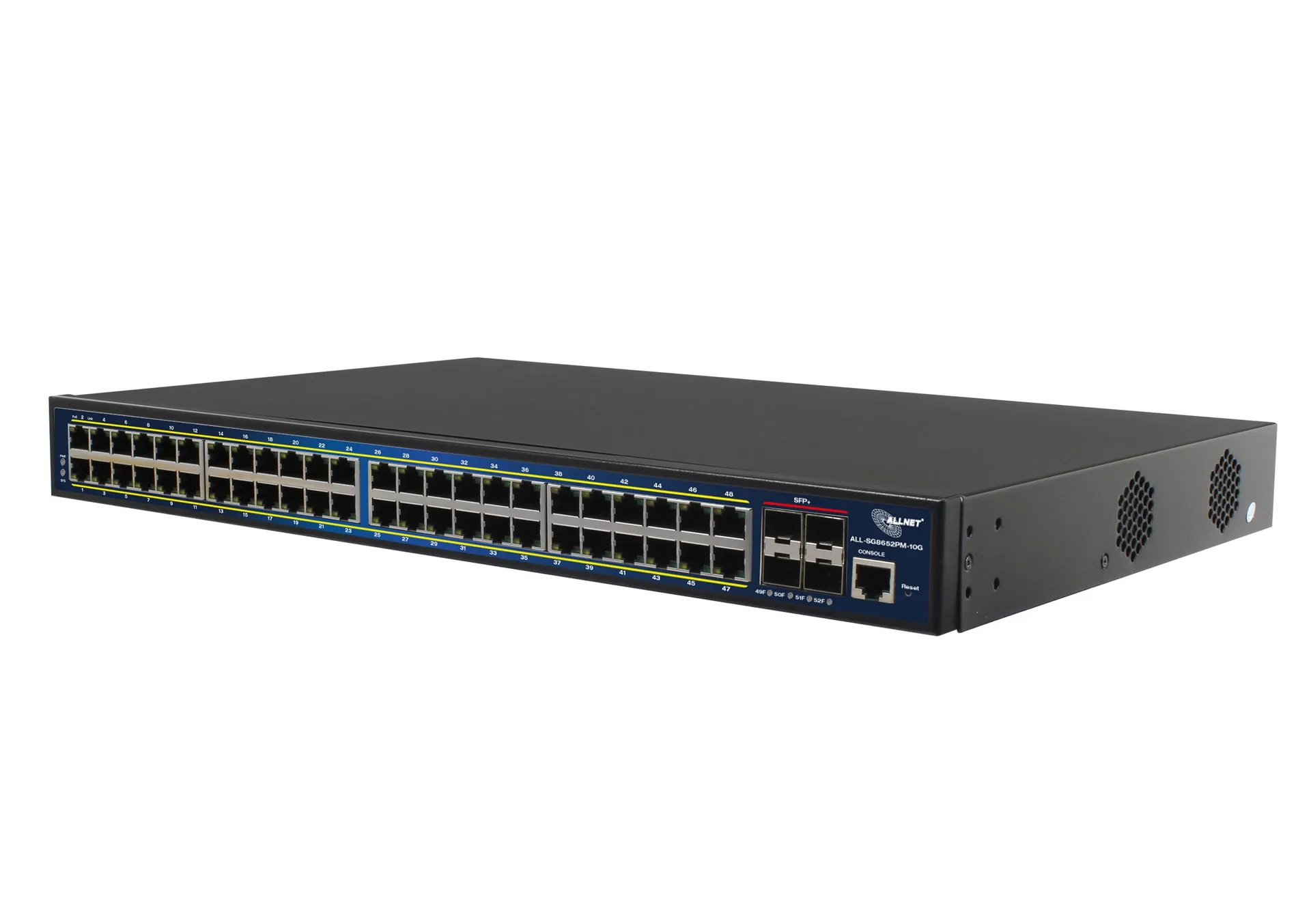 ALLNET Switch full managed Layer2+ 52 Port • 48x GbE • PoE Budget 850W • 48x PoE at • 4x SFP+ • 19″ • JSON API • ALL-SG8652PMJ-10G-850W ALLNET Switch full managed Layer2+ 52 Port • 48x GbE • PoE Budget 850W • 48x PoE at • 4x SFP+ • 19″ • JSON API • ALL-SG8652PMJ-10G-850W