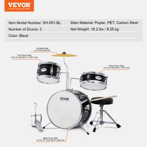 VEVOR Schlagzeugset, 3-teilig, Drum-Set mit verstellbarem Thron-Becken-Pedal, zwei Paar Drumsticks, ca. 20 cm Tom Drum, ca. 25 cm Snare Drum, ca. 36 cm Bass Drum, Schlagzeugset für Kinder, schwarz – Bild 6