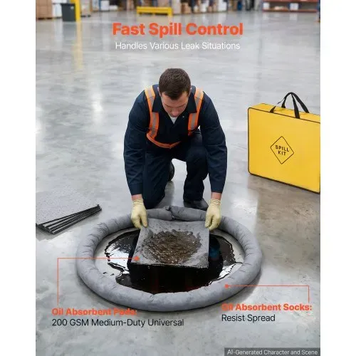 VEVOR Ölbindemittel Set Notfall-Absorptionsmittel-Satz für Öl & Wasserbasis, Absorptionsset für Lager Werkstatt Garage Fabrik, 20 Tücher, 2 Kissen, 2 Schlangen & 2 Gefahrstoffbeuteln, mit Tragetasche – Bild 4