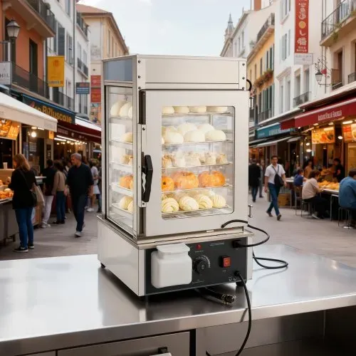VEVOR 5-stufiger Gewerblicher Speisenwämer 120 L 30 bis 110 ℃, 1200 W Brötchendämpfer LED-Beleuchtung & Verstellbaren Ablagen & Edelstahlrahmen, Warmhaltevitrine für Hamburger Mantou Brot – Bild 7