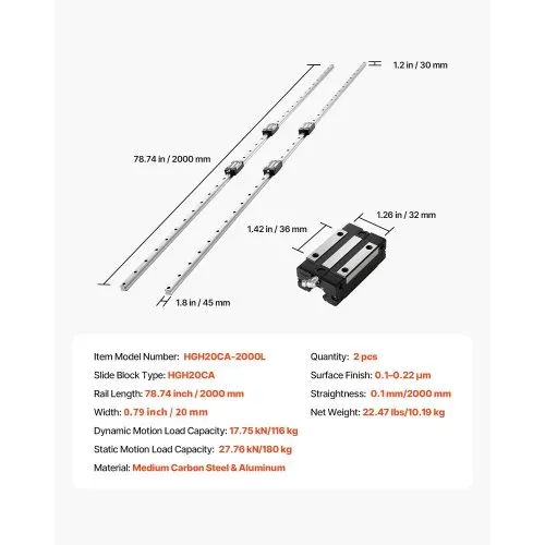 VEVOR Linearführungen, HGR20, 2er-Pack 2000 mm Linearführungen & 4 Stk. Gleitblöcke, rostfreier & hochpräziser Satz, für Heimwerker, CNC-Fräsen, Drehmaschinen, Fräsmaschinen, 3D-Drucker – Bild 6
