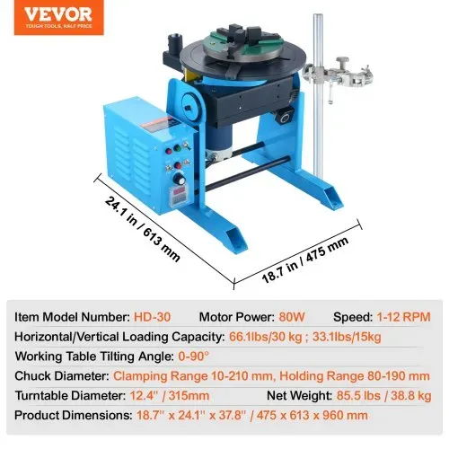 VEVOR Schweißdrehtisch 80 W Schweißpositionierer 1-12 U/min Manipulator 30 kg(Horizontal)/15 kg(vertikal) Drehtisch 0–90° Neigungswinkel KD200-Dreibackenfutter zum Schneiden, Schleifen, Montieren – Bild 6