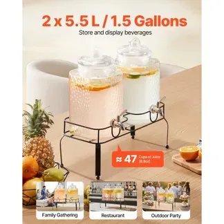VEVOR Getränkespender (2 x 5,5 L) für Partys Saftspender (aus Glas) mit tropfsicherem Zapfhahn & Metallständer Wasserspender für Restaurants Partys, Limonade selbstgemachte Getränke Spender VEVOR Getränkespender (2 x 5,5 L) für Partys Saftspender (aus Glas) mit tropfsicherem Zapfhahn & Metallständer Wasserspender für Restaurants Partys, Limonade selbstgemachte Getränke Spender
