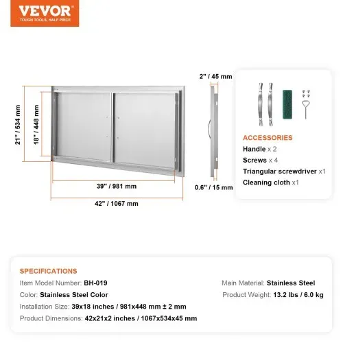 VEVOR Grill-Zugangstür, 1067 x 534 mm, Doppelte Außenküchentür, Flächenbündig Montierte Edelstahltür, Vertikale Wandtür mit Griffen, für Grillinsel, Grillstation, Außenschrank – Bild 6
