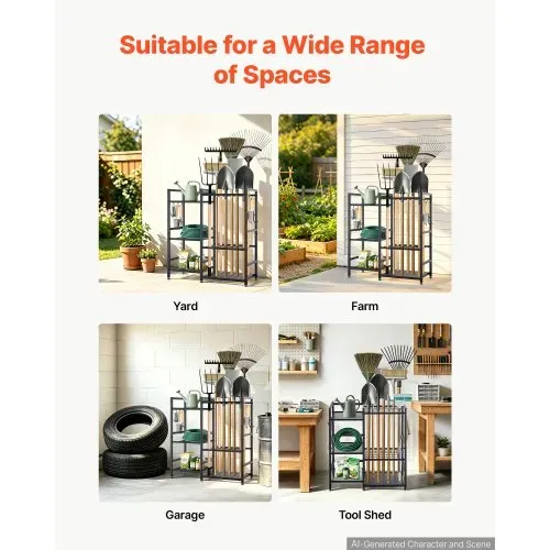 VEVOR Gartengeräte Ständer 740x300x805mm 3-Stöckiger Gerätehalter Schwarz, Aufbewahrungsregal für Garage Schuppen Garten & Outdoor, Organizer aus Stahl mit 3 Ablagefächern 6 Haken & Nivellierfüßen – Bild 5