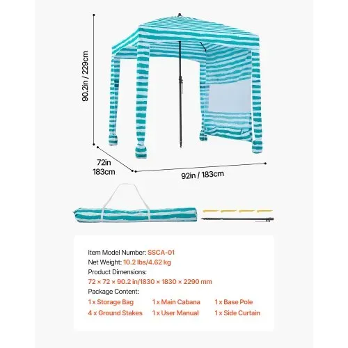 VEVOR Strand-Cabana 183 x 183 cm Strandüberdachung mit Seitenwand, UPF 50+ Sonnenschutz, Strandpavillon mit Sandsäcken, tragbarer Sonnenschutz Sonnenschirm für Familie, grüne Streifen – Bild 6