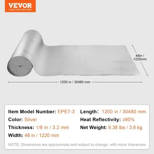 VEVOR Doppelt reflektierende Isolierrolle, Strahlungsbarriere mit Schaumstoffkern, 3,2 mm, 48 Zoll x 100 Fuß, doppelseitiges wärmereflektierendes Schild aus Aluminiumfolie und EPE-Schaum, Wärmedämmrolle für Fenster und Wohnmobildächer – Bild 6