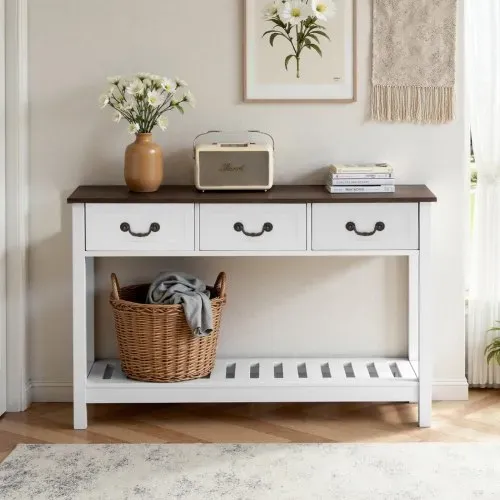 VEVOR Konsolentisch Sofatisch mit Schubladen & Ablagefach, schmaler rechteckiger Eingangstisch aus MDF + Spanplatte für Flur Schlafzimmer Wohnzimmer Foyer, Flurtisch 120 x 30 x 80 cm Braun + Weiß – Bild 7