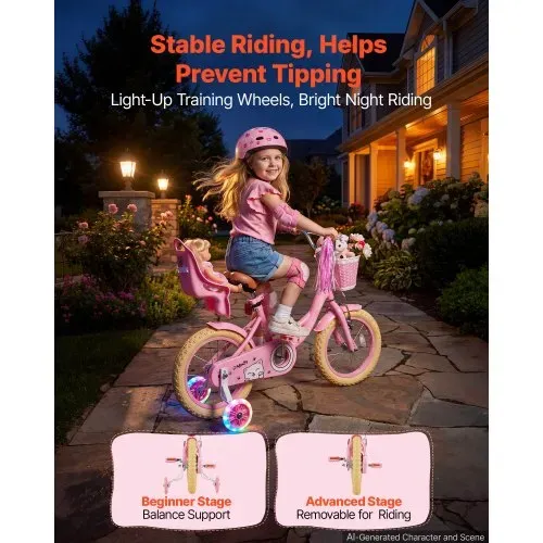 VEVOR Kinderfahrrad für 3-5 Straßenfahrrad 14 Zoll mit Stützrädern Rosa, Kinderrad für Mädchen, Kohlenstoffstahlrahmen, Doppelbremsen, Verstellbarer Sitz, mit Puppensitz & Korb, Prinzessin-Stil – Bild 5