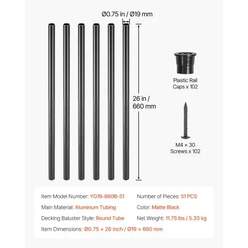 VEVOR Geländerstab, 51er-Set, φ19x660 mm Aluminium Zierstab für Treppengeländer, Treppenbaluster, Hohldeckgeländer mit Geländerkappen und Schrauben für Treppen, Veranda, Terrasse, Zaun, schwarz – Bild 6