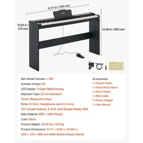 VEVOR Digitalpiano 88 Halbgewichtete Tasten mit HiFi-Lautsprechern Schwarz, E-Piano Ideal für Anfänger, mit 600 Klängen, 600 Rhythmen, USB, MIDI, Standard-3,5-mm-Kopfhörerbuchse, Notenhalter und Pedal – Bild 6