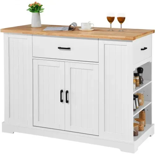 VEVOR Kücheninselwagen, 117 cm Frühstücksbar mit Holzplatte und Lagerschrank, Bauernküchentisch mit verstellbarem Regal, Schublade, für Esszimmer, Küche und Wohnzimmer, weiß – Bild 8