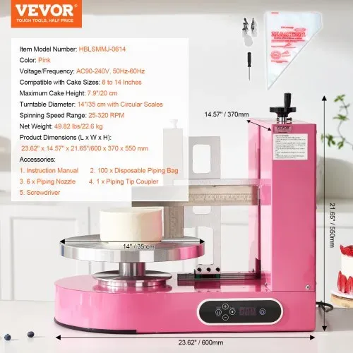 VEVOR einstellbare Tortencremestreichmaschine elektrische Tortendekorationsmaschine zum Verteilen von Kuchencreme, zum Bestreichen und Schmieren von Kuchenglasuren, für 15,24-35,56 cm Kuchen Rosa – Bild 6