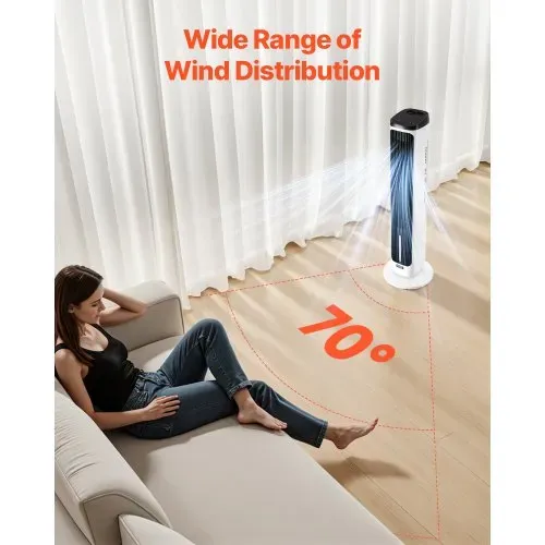VEVOR Turmventilator, 7,1 m/s Geschwindigkeit, leiser Standventilator, 70° oszillierende Ventilatoren mit 9 Gang, 4 Modi, 24-Stunden-Timer, Fernbedienung, für Schlafzimmer, Büro, Zuhause – Bild 4