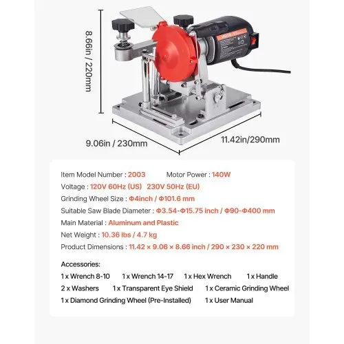 VEVOR 140W Sägeblattschärfgerät, 5700 U/min Kreissägeblattschleifer mit 100mm Schleifscheibe, Elektr. Schärfmaschine mit ±25° Einstellwinkel für 90-400mm Sägeblätter, Blattschärfer für Holzbearbeitung – Bild 6