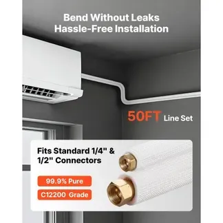 VEVOR Kältemittelleitung 15,24 m, Kupferleitung 6,4 & 12,7 mm Außendurchmesser, AC-Kupferrohr, PE-isolierte Spule, reichhaltige Armaturen, für Mini-Split-Klimaanlage, HVAC oder Wärmepumpensystem VEVOR Kältemittelleitung 15,24 m, Kupferleitung 6,4 & 12,7 mm Außendurchmesser, AC-Kupferrohr, PE-isolierte Spule, reichhaltige Armaturen, für Mini-Split-Klimaanlage, HVAC oder Wärmepumpensystem