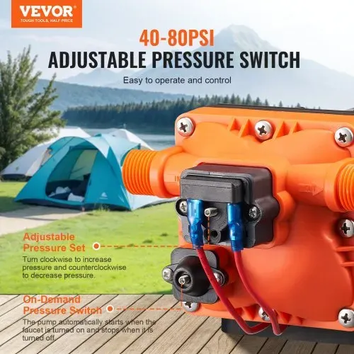 VEVOR 12-V-Membranpumpe, 11,36 L/min, 4-Kammer-DC-Wasserpumpe mit automatischem Druckschalter 40–100 PSI einstellbar, 55 PSI, 1/2 Zoll MNPT-Anschluss, für Wohnmobil, Yacht, Imbisswagen, Camper, Marine – Bild 2