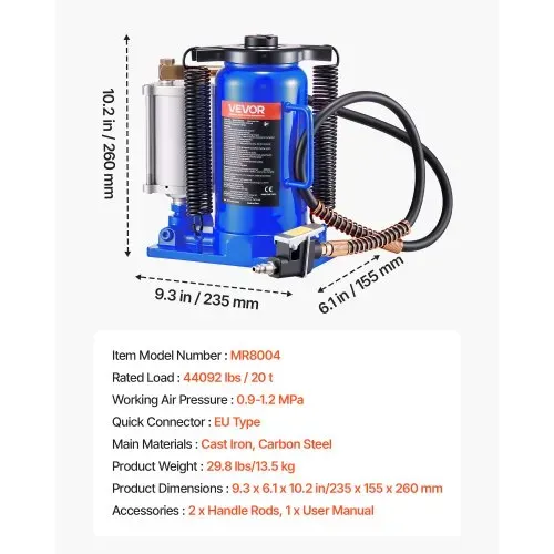VEVOR lufthydraulischer Flaschenheber mit 20 t Kapazität, 260–495 mm Hubbereich, pneumatischer/manueller Flaschenwagenheber mit Pumpe für Auto Pickup Lkw Wohnmobil SUV Autoreparatur, Blau – Bild 6