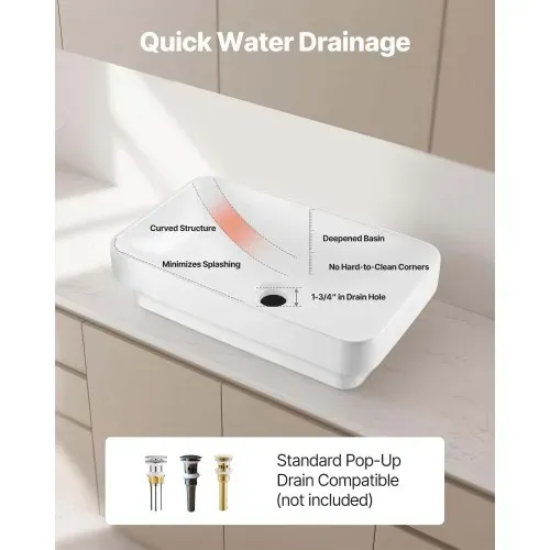 VEVOR Halbeinbauwaschbecken Handwaschbecken 490 x 305 mm rechteckiges Aufsatzwaschbecken mit 45 mm Abflussloch, modernes Einbauwaschbecken für kleine Räume Küchen Badezimmer Weiß – Bild 3
