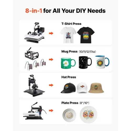 VEVOR Transferpresse 38x38cm 8-in-1 Sublimationsmaschine 1250W Textilpresse, 360° Schwenkfunktion Schnelles & Gleichmäßiges Aufheizen Zeit- & Temperaturregelung T-Shirts Tassen Becher Kappen Teller VEVOR Transferpresse 38x38cm 8-in-1 Sublimationsmaschine 1250W Textilpresse, 360° Schwenkfunktion Schnelles & Gleichmäßiges Aufheizen Zeit- & Temperaturregelung T-Shirts Tassen Becher Kappen Teller