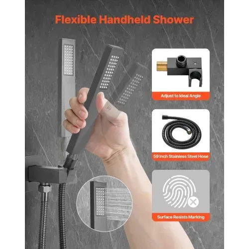 VEVOR Duscharmatur Regenduschsystem fürs Badezimmer Duschsystem mit 305 mm quadratischen Regenduschkopf & Handbrause, wandmontierte Badezimmerarmaturen mit Messingventil & Zierset, Mattschwarz – Bild 2