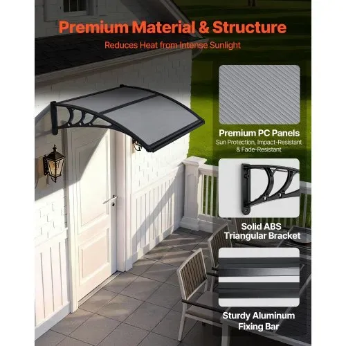 VEVOR Vordach für Haustür 755x1000 mm, Pultbogenvordach, Überdachung mit Entwässerung & ABS-Halterung, Regen-, Schnee- & Sonnenschutz, Polycarbonat-Türdach für Veranda & Terrasse, Rauchgrau – Bild 3