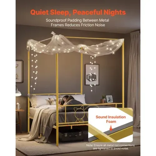 VEVOR Himmelbettrahmen (Full Size), Metallhimmelbett mit minimalistischem Kopfteil & Himmelbett-Design, robuste Stahllattenstütze (rund), Stauraum unter dem Bett, kein Boxspring erforderlich, Gold – Bild 3