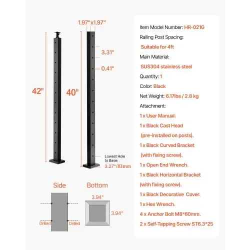 VEVOR Kabelgeländerpfosten, 1067x50,8x50,8 mm, Kabel-Treppengeländerpfosten, vorgebohrte horizontale Löcher, Edelstahl SUS304, für Handlauf, Balustrade, schwarz, 1JZLGZXHS106AWJO6001V0 – Bild 6