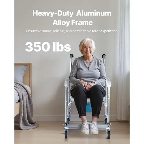 VEVOR Nachttoilettenstuhl 159 kg belastbar, rollbare Toilettensitzerhöhung mit gepolsterter Sitzfläche/Rückenlehne/hochklappbarer Fußstütze, abnehmbarer 5 L Eimer, Duschrollstuhl für Senioren – Bild 4