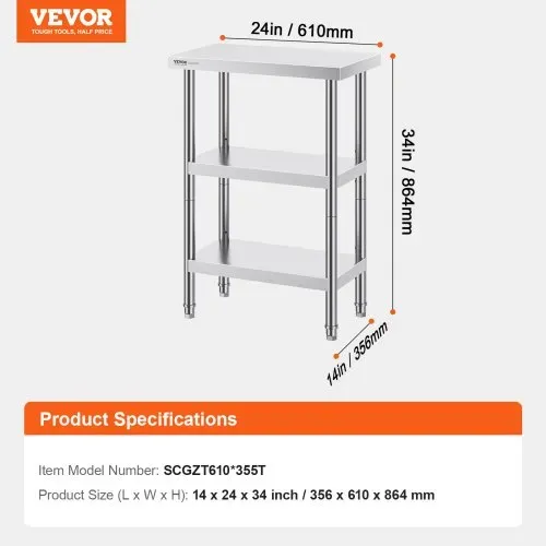 VEVOR Lebensmittel-Zubereitungstisch Edelstahl, Arbeitstisch für gewerbliche Küchen, mit 2 verstellbaren Unterregalen, 356 x 610 x 864 mm Zubereitungstisch aus Metall für Grill, Küche, Zuhause – Bild 6