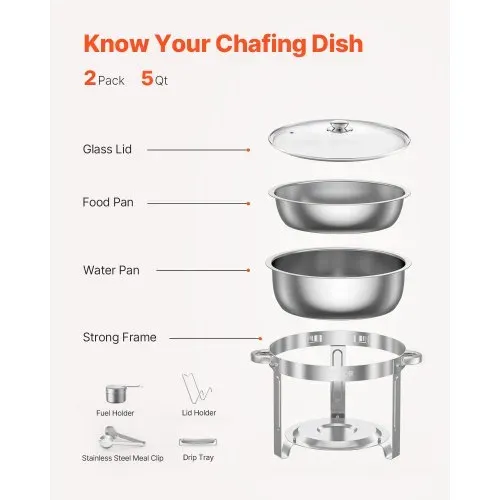 VEVOR Chafing Dish Buffet Speisenwärmer mit 2 Behältern in voller Größe (4,7 L pro), runder Catering-Wärmespender mit Glasdeckel & Wasserpfanne & klappbarer Ständer, für Buffet Partys Silber – Bild 5