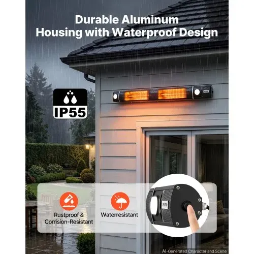 VEVOR Infrarot Heizstrahler 3000W Infrarotstrahler WLAN-Steuerung Wandgerät, Infrarotheizung für Garten Terrasse Balkon, Fernbedienung & Tastensteuerung, 3 Heizstufen, IP55-Schutz, Aluminiumlegierung – Bild 5