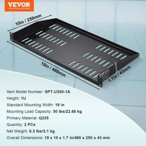 VEVOR 2 STK. 1U Server-Rack-Regal, 10"/254 mm Tiefe, 50 lbs maximale Tragkraft, belüftetes freitragendes oder wandmontiertes Rack-Regal mit Ablage, gute Luftzirkulation für 19" Netzwerkschrank oder Geräte-Rack – Bild 6