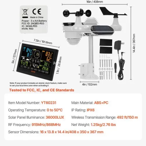 VEVOR 7-in-1 Wetterstation Funkwetterstation mit Außensensor 190,5 mm (7.5-inch) Farbdisplay RCC-Atomuhr zur Messung von Windrichtung Windgeschwindigkeit Luftdruck Innen/Außentemperatur und -feuchtigkeit Mondphase – Bild 6
