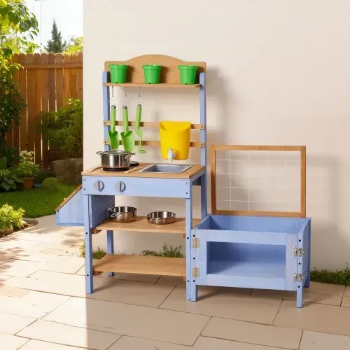 VEVOR Spielküche, Kinderküche, Spielzeugküche aus Holz mit Pflanzkasten, Wassertank, Spülbecken, Kochgeschirr & Zubehör, Holzküche für Rasen & Garten, für Kinder ab 3 Jahren, 1060x370x995mm – Bild 7