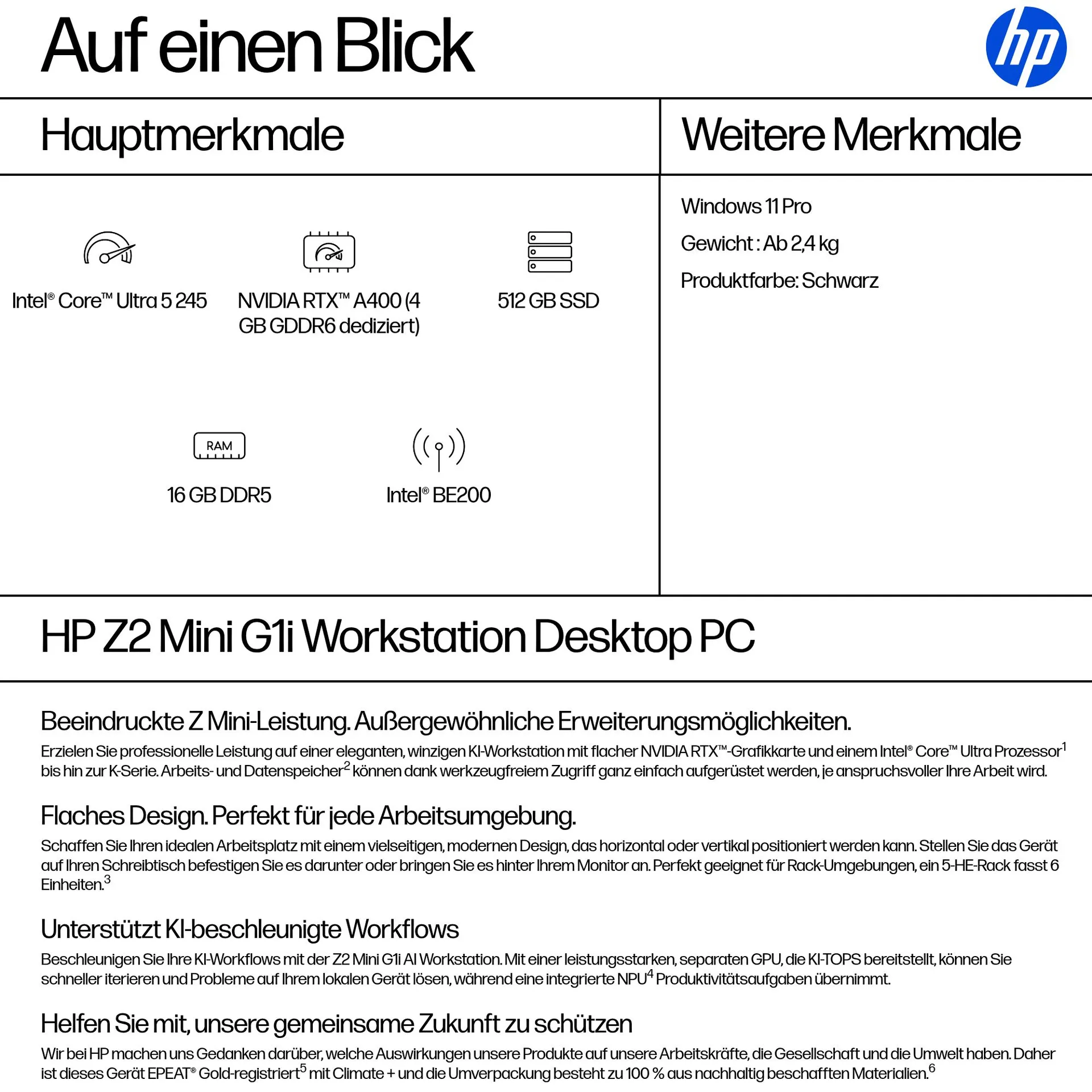 HP Z2 G1i Intel Core Ultra 5 245 16 GB DDR5-SDRAM 512 GB SSD NVIDIA RTX A400 Windows 11 Pro Mini PC Arbeitsstation AI Workstation, AI PC Schwarz – Bild 3